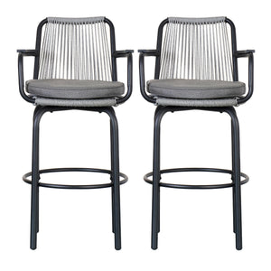 Outdoor Patio Bar Stools 29"H Set of 2, Modern Woven Rattan Rope Bar Height Chair