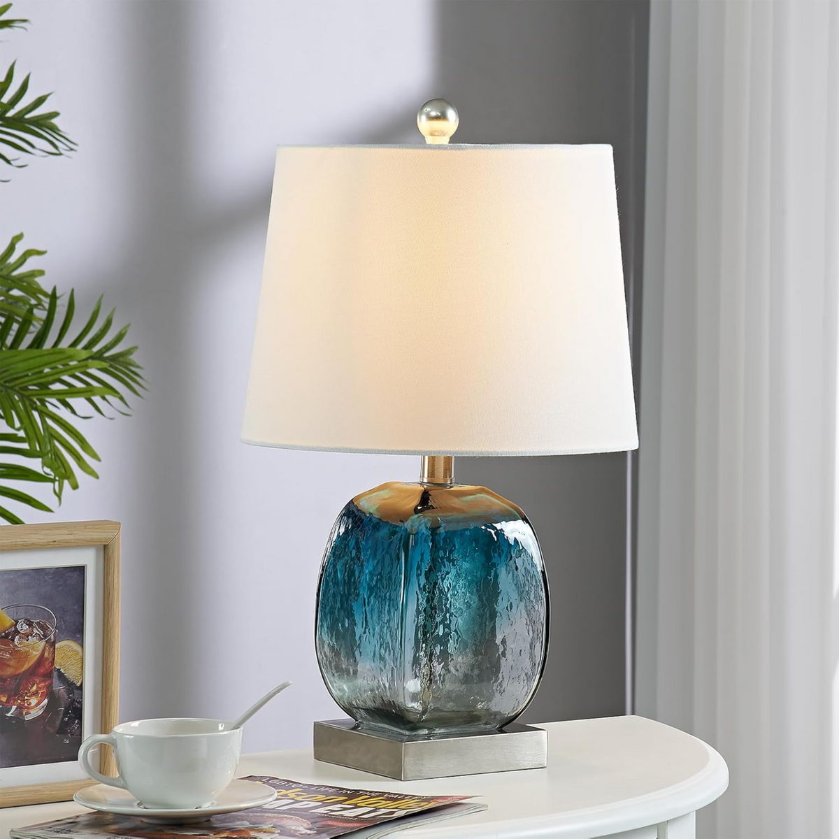 Coastal Glass Table Lamp 20.5-Inch 3-Way Dimmable with USB, Set of 2, Blue