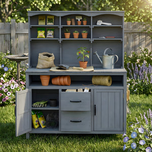 TOPMAX Large Fir Wood Potting Bench with Hutch and Storage