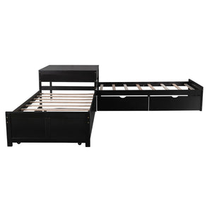 L Shaped Platform Bed With Trundle And Drawers Linked With Built In Desk