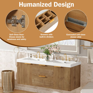 Double Sink Bathroom Vanity Soft Close Doors, Divided Drawers, Wall Mounted - Wood