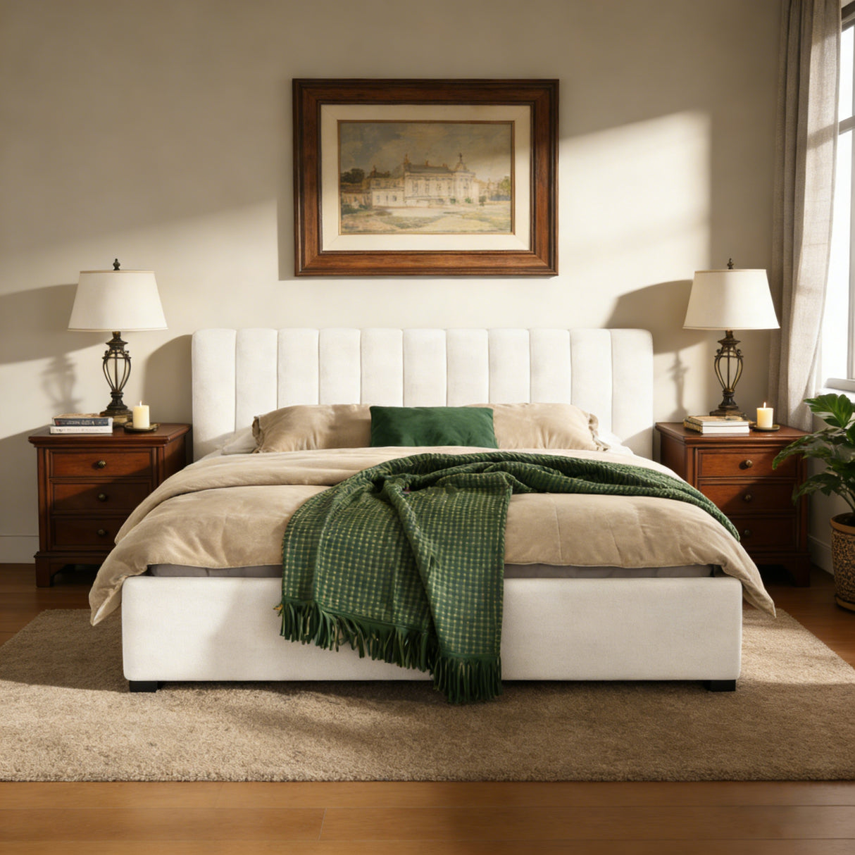 King Size Upholstered Bed Frame with Linen Blend Fabric