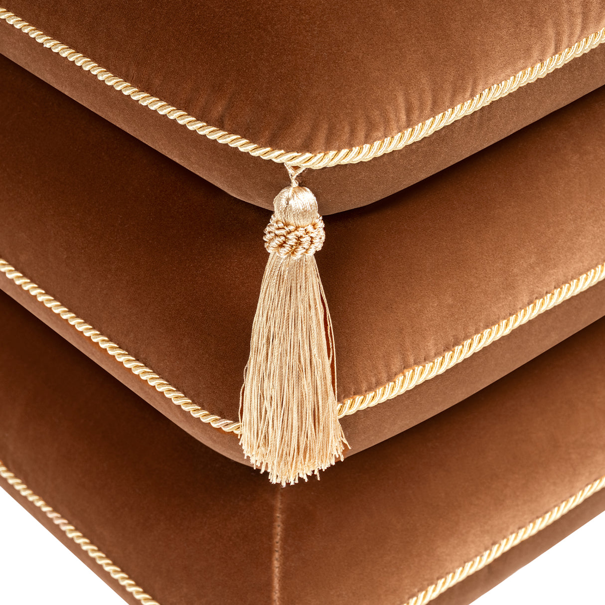 Monarch 19.5" Squared Upholstered Ottoman with Bullion Fringe, Burnt