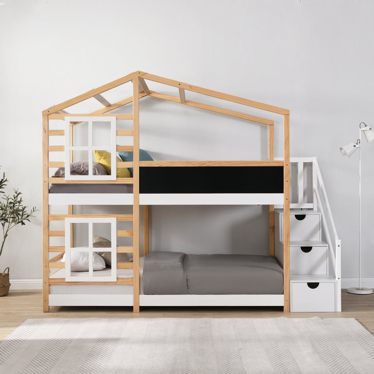 Twin Over Twin Bunk Bed House Bed With Roof and Storage