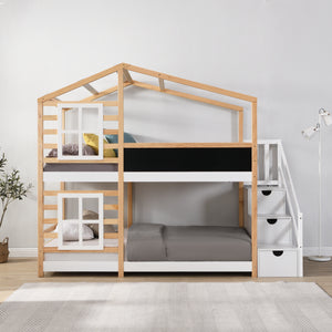 Twin Over Twin Bunk Bed House Bed With Roof and Storage