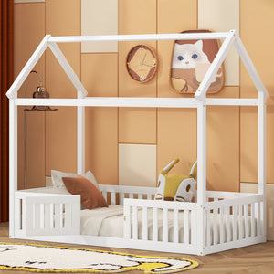 Wood House Bed With Fence And Door