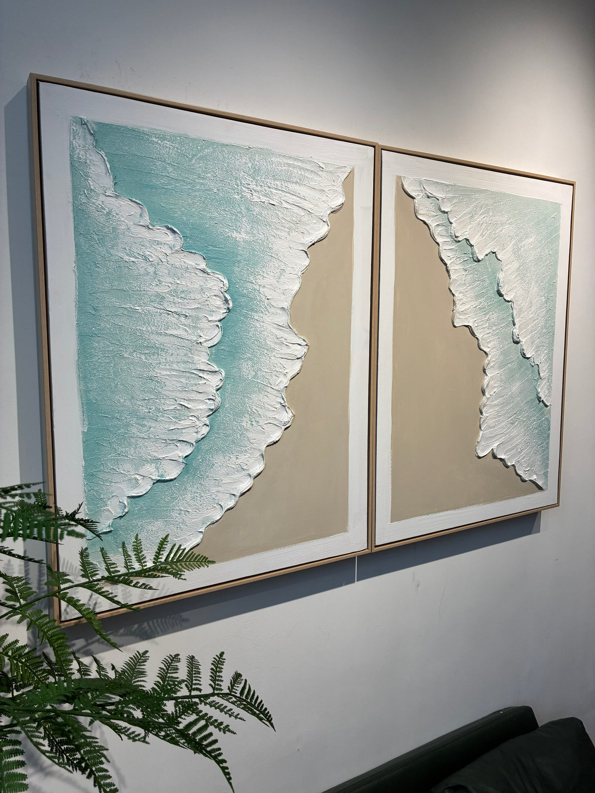 24x32 Framed Ocean Wave Wall Art Set with 3D Plaster Texture - Aqua