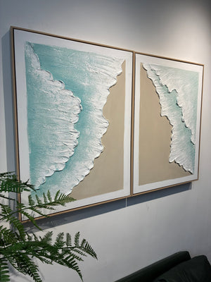 24x32 Framed Ocean Wave Wall Art Set with 3D Plaster Texture - Aqua