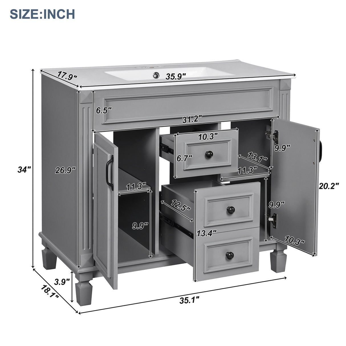 Bathroom Vanity With Top Sink, Basin On Cabinet With 2 Soft Closing Doors And 2 Drawers
