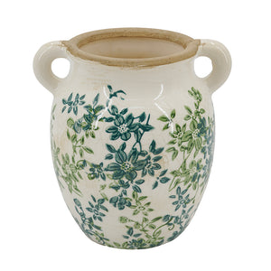Floral Twin-Handle Ceramic Vase, 7.5 x 6.3 x 7.7 Inches