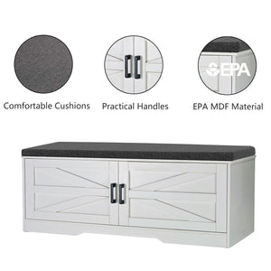 2 Tier Shoe Bench With Padded Seat, 2 Barn Doors And Adjustable Shelves, For Entryway And Living Room - White