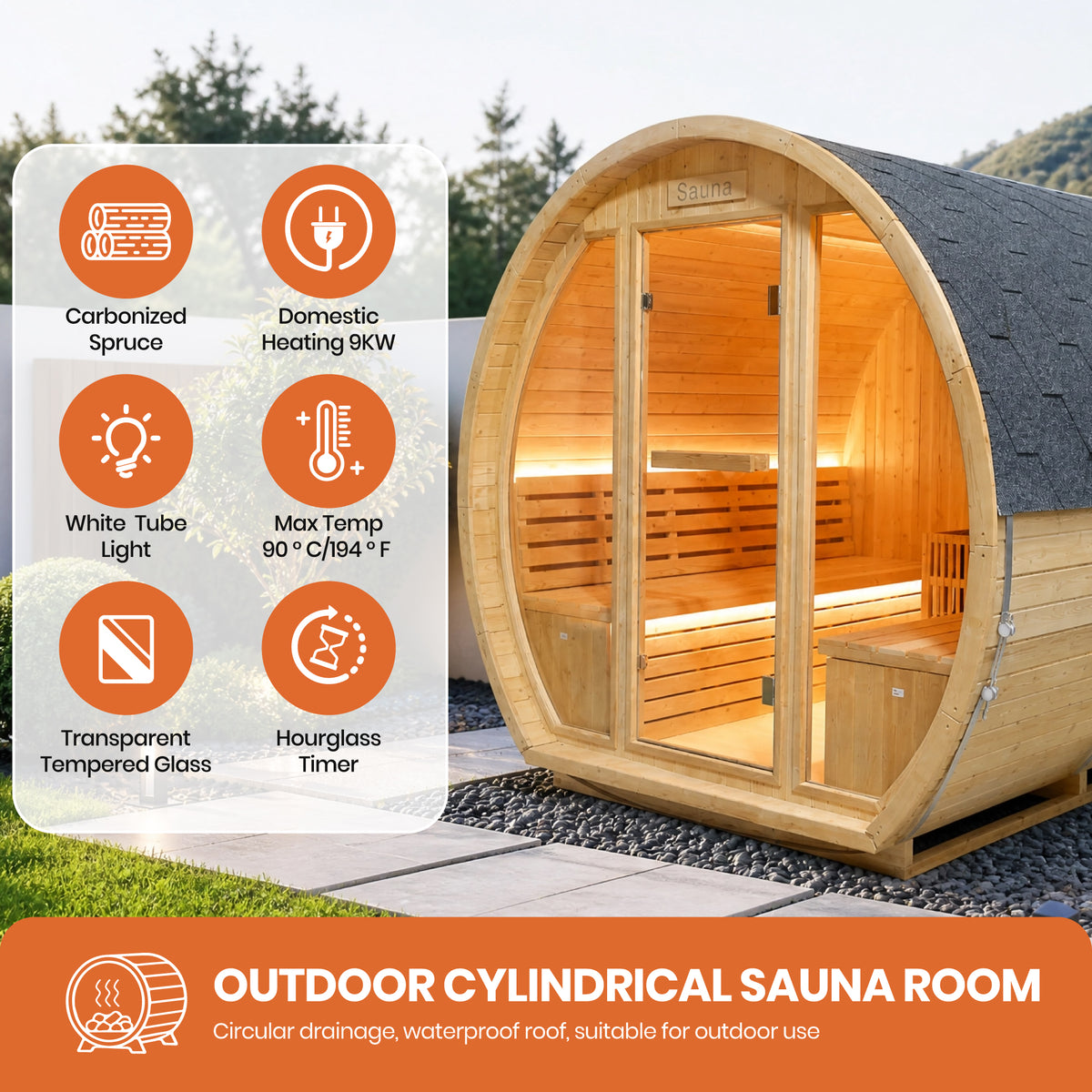 9000W 240V Finnish Carbonized Spruce 4-6 Person Outdoor Sauna Room