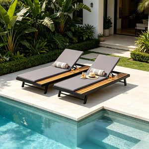 Black Iron + Teak Finish Outdoor Chaise Lounge Set
