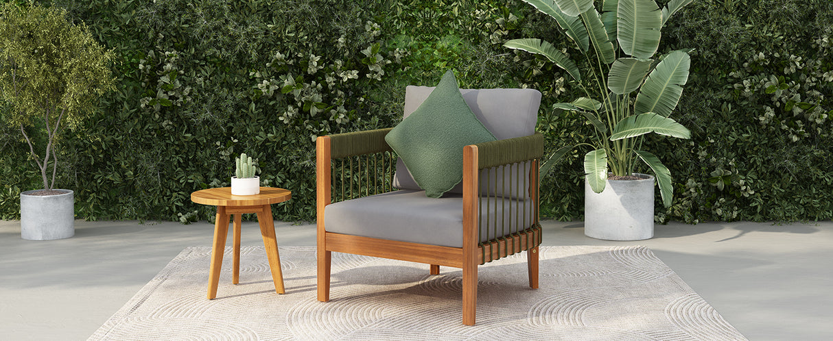 Acacia Wood Outdoor Club Chair with Handwoven Rope Accents