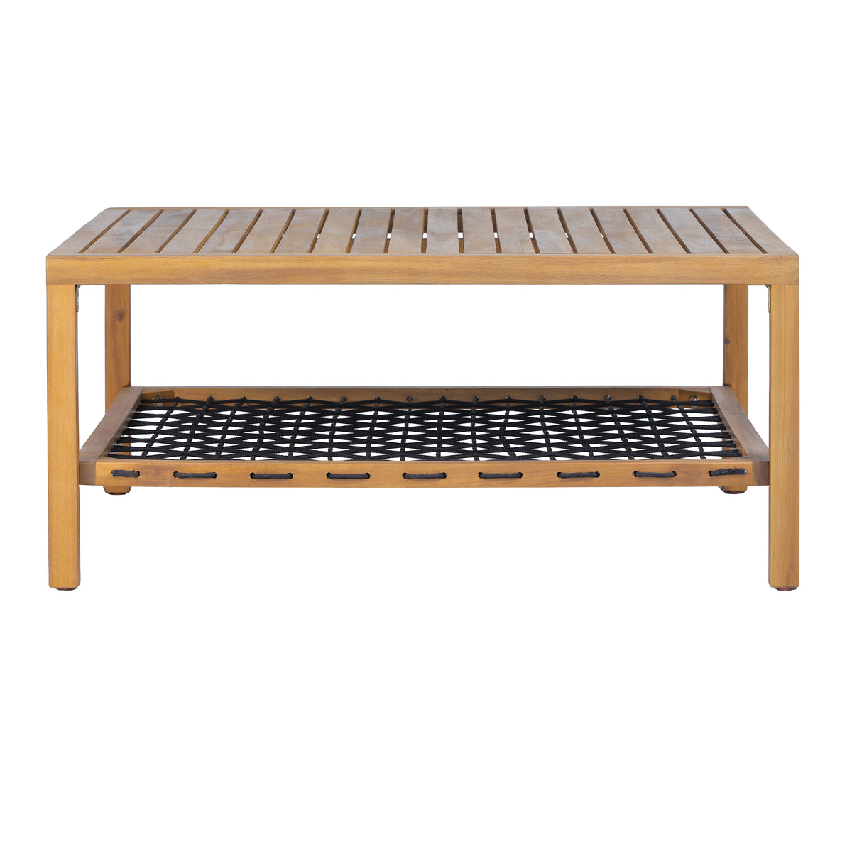 Outdoor Acacia Wood Coffee Table with Woven Rope Storage Shelf