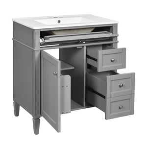 Bathroom Vanity With Top Sink, Freestanding Storage Cabinet With 2 Doors And 3 Drawers, Mirror Cabinet Included - Gray