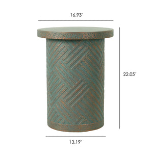 Round Outdoor End Table With Tree Stump Design For Patio - Golden / Green / Peacock