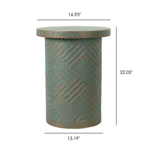 Round Outdoor End Table With Tree Stump Design For Patio - Golden / Green / Peacock