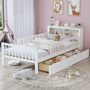 Bed With Headboard Storage Rack, 2 Under Bed Drawers, 3 Side Guardrails For Safety