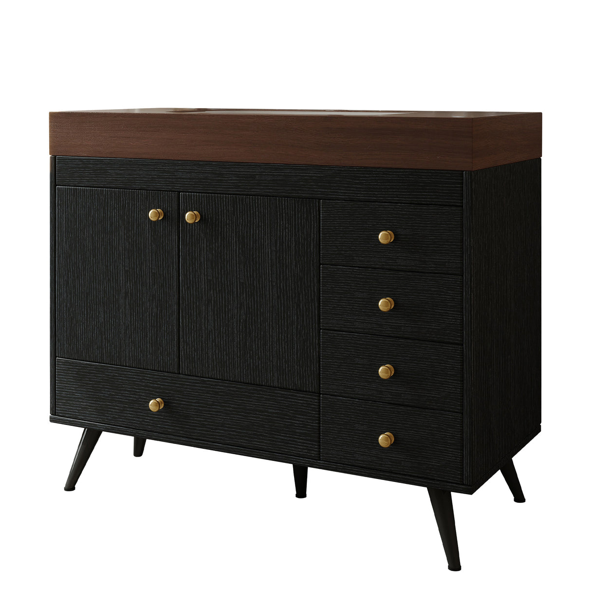 36" Freestanding Bathroom Vanity with Faux Marble Top, Ceramic Sink, 5 Drawers & Stainless Steel Legs
