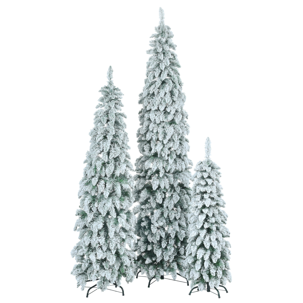 Pre-Lit Pencil Christmas Tree 3-Set, 4ft/6ft/8ft, Snow-Flocked, 290 LED Lights, White and Green