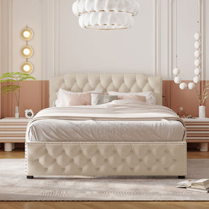 Upholstered Platform Bed With 2 Drawers And 2 Sets Of USB Ports On Each Side, Fabric