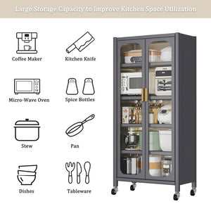 6 Tier Storage Cabinet With Transparent Door, Adjustable Shelves & Wheels