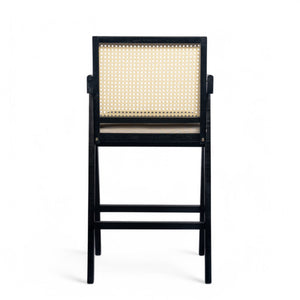 Woven Cane Plastic Backrest Bar Stool Foam Padded Fabric Seat & Durable Rubberwood Frame - Cream Gray