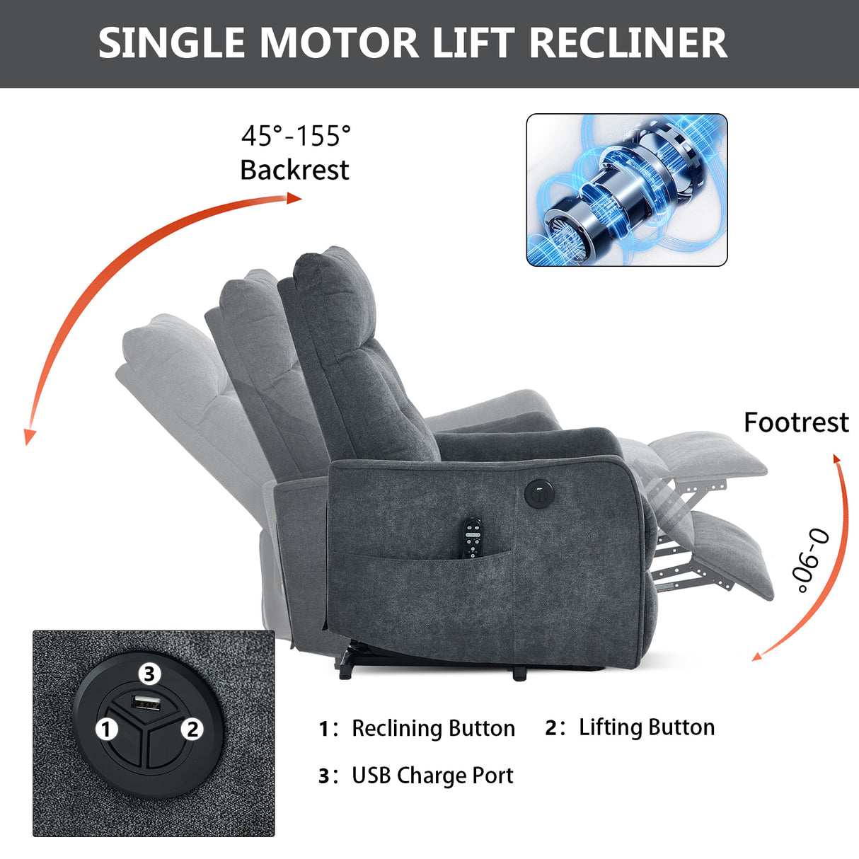 Grey Chenille Single Motor Power Lift Recliner Chair