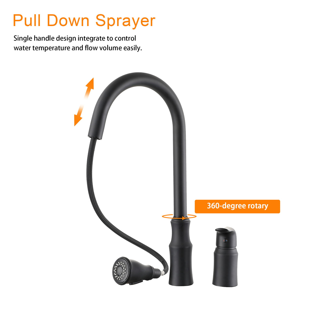 16.9" Kitchen Sink Faucet With Separate Handle And Pull Down Sprayer, Lead Free Brass - Matte Black