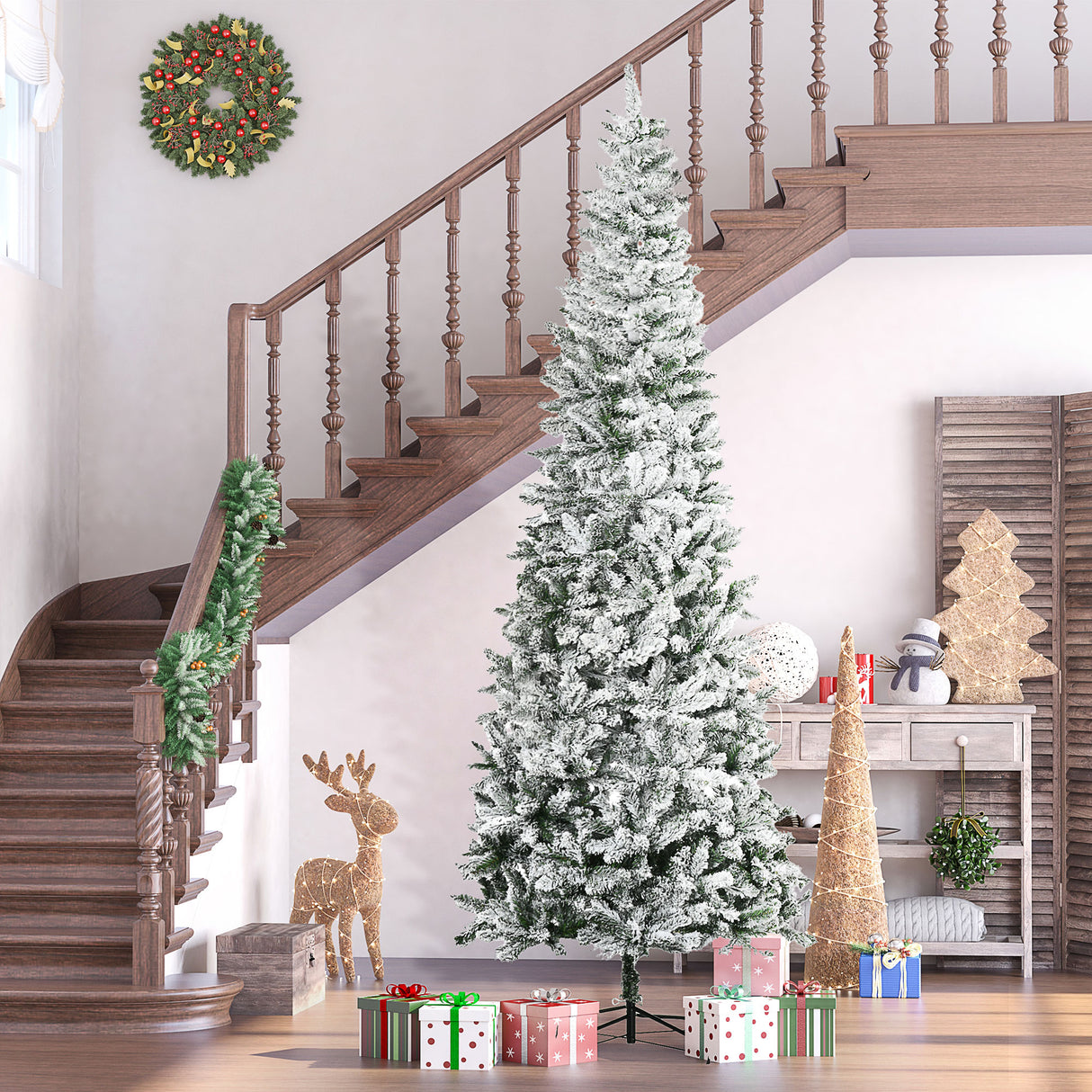 HOMCOM 9ft Unlit Snow-Flocked Slim Pine Artificial Christmas Tree