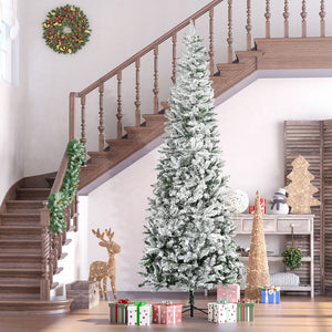 HOMCOM 9ft Unlit Snow-Flocked Slim Pine Artificial Christmas Tree