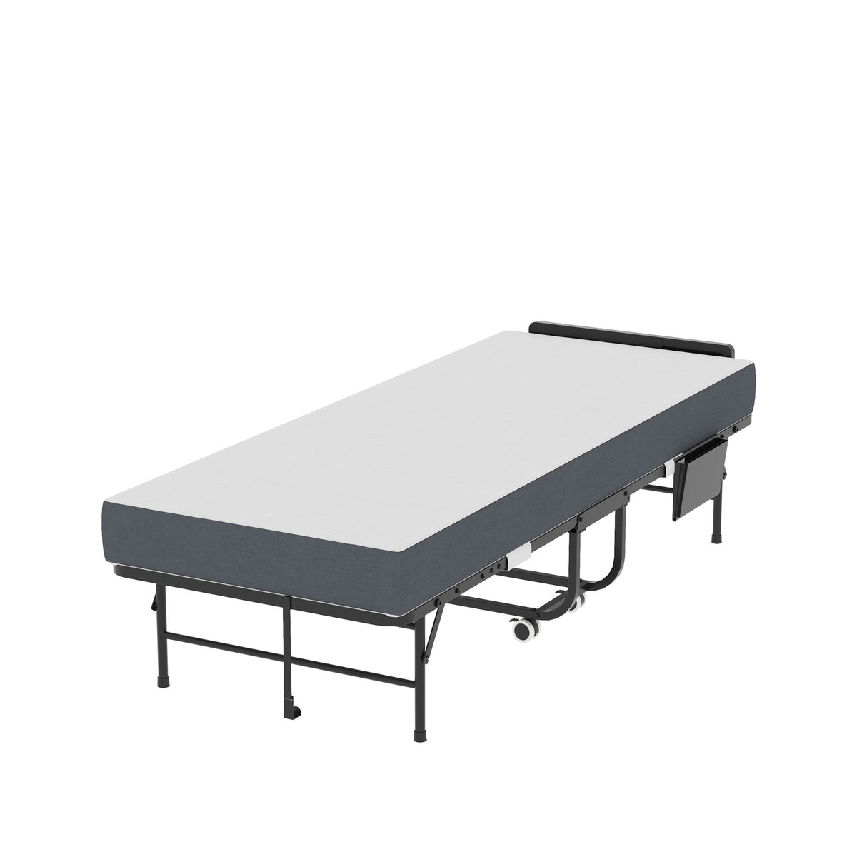 Twin Folding Bed With Adjustable Headboard & Memory Foam, Space Saving Rollaway Guest For Tall People, Portable On Wheels, Easy Assembly - Black