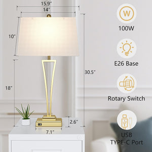 Gold Table Lamps Set of 2, 30.5-Inch Tall with USB Charging Ports