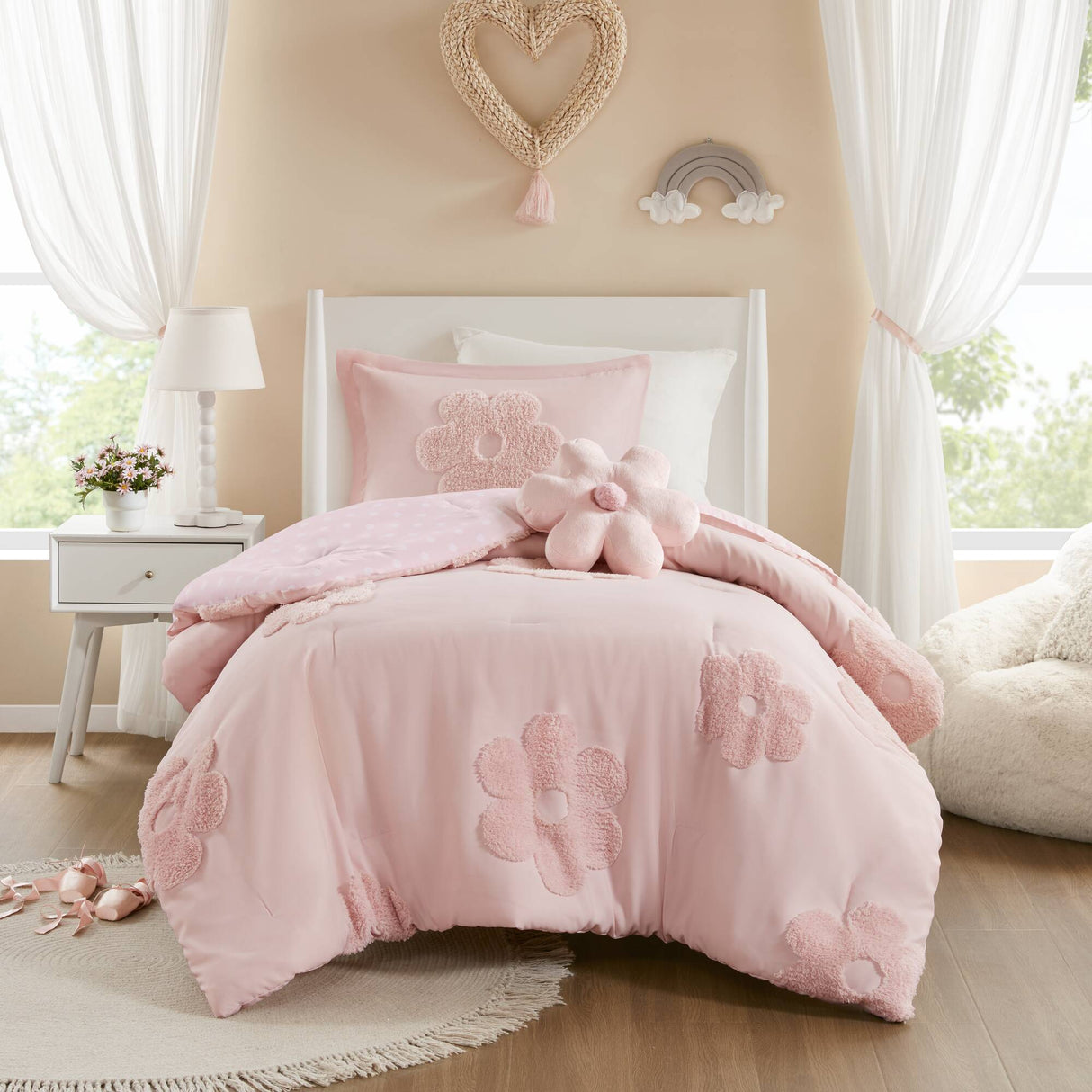 3-Piece Twin Floral Reversible Tufted Chenille Comforter Set