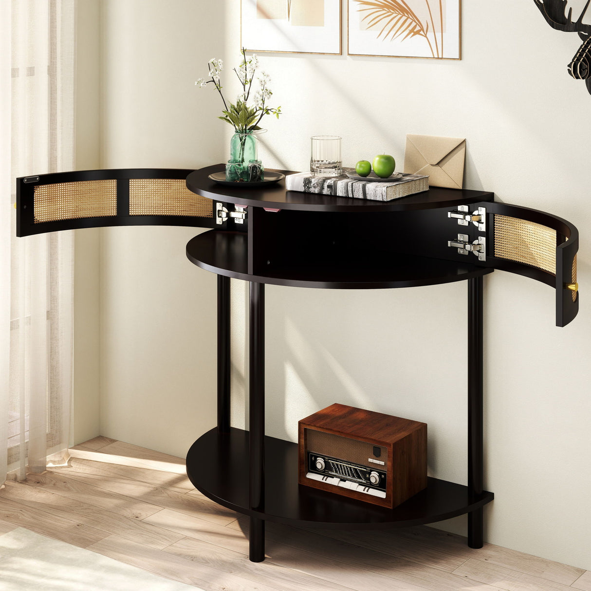 Boho Rattan Semi Circle End Table With Sliding Rattan Door, Storage And Bottom Shelf