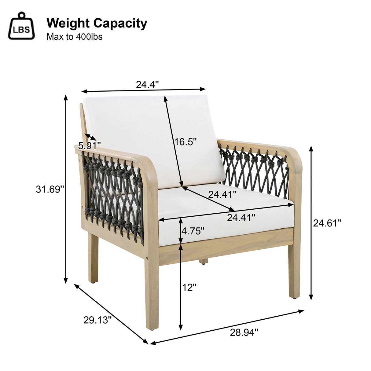 Outdoor Acacia Wood Club Chair with Handwoven Rope, Light Teak Finish
