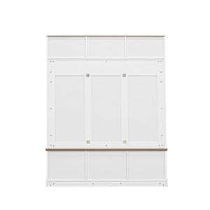 Hall Tree With Bench And Shoe Storage, 5 In 1 Entryway Organizer Cabinet With Coat Rack, 4 Shoe Cubbies & 7 Hooks - White