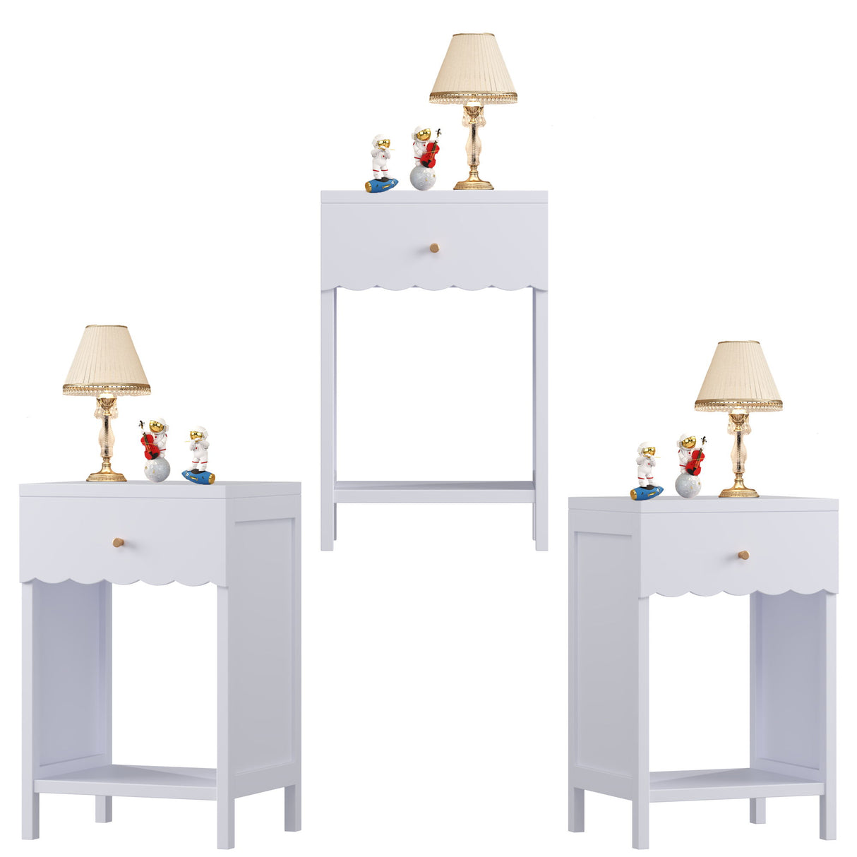 Nightstand With Drawer And Open Shelf, Scalloped Edge Bedside Table