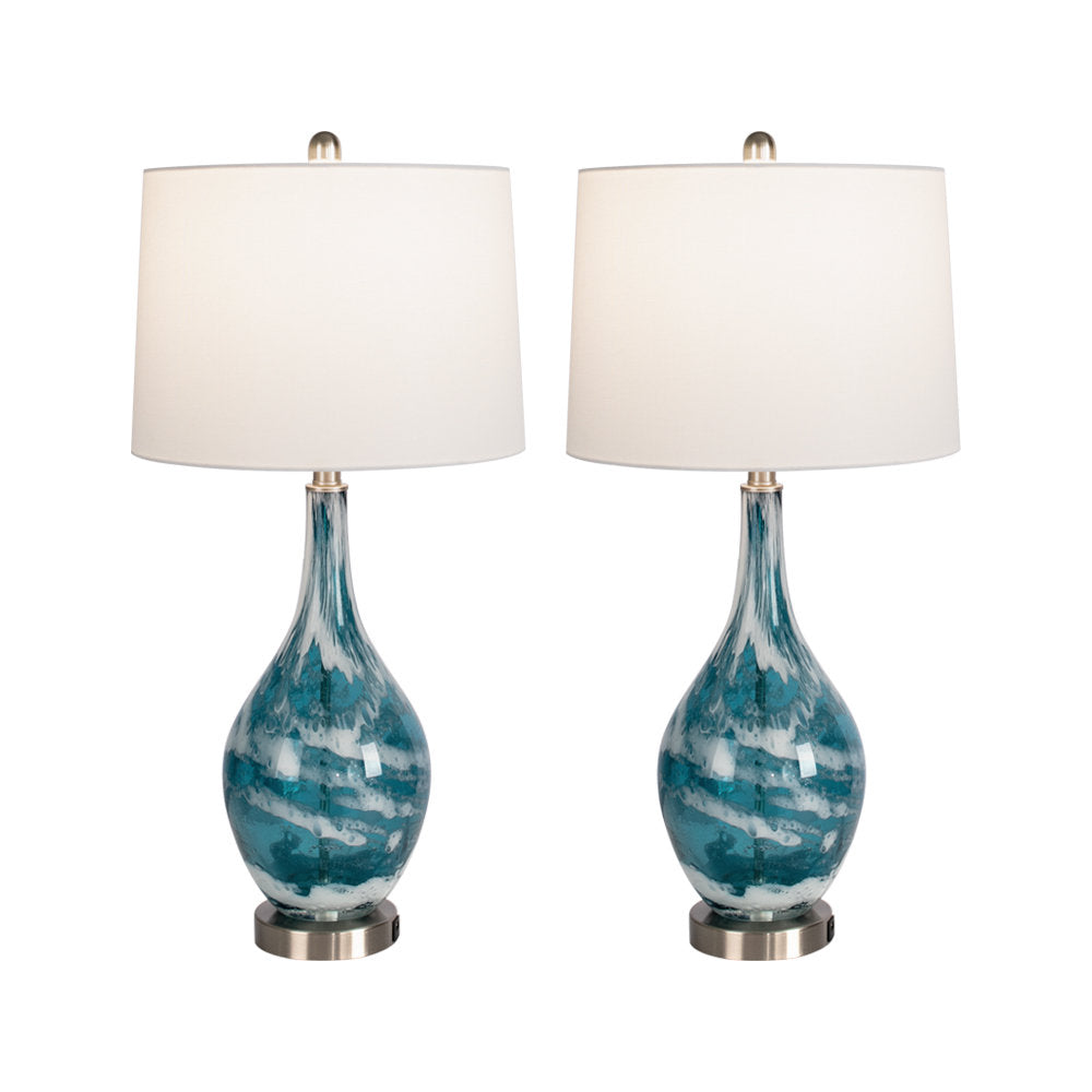 28" Modern Blue Glass Table Lamp with USB Port, Set of 2