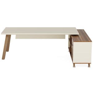 L-Shaped Executive Desk With File Cabinet, Computer Workstation With Drawers And Shelves For Home Office - White / Walnut