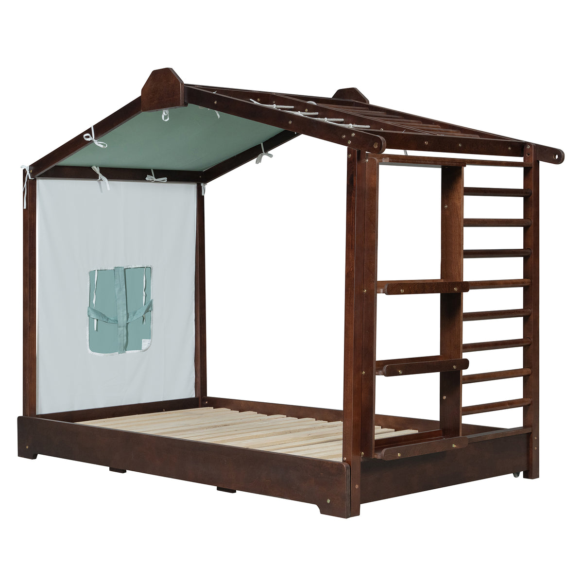 Twin Size House Bed with Trundle and Side Shelves - Pine & Plywood, White/Gray/Natural/Espresso