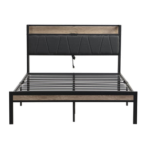 Modern Bed Frame With LED Lights, Upholstered Headboard, USB Charging