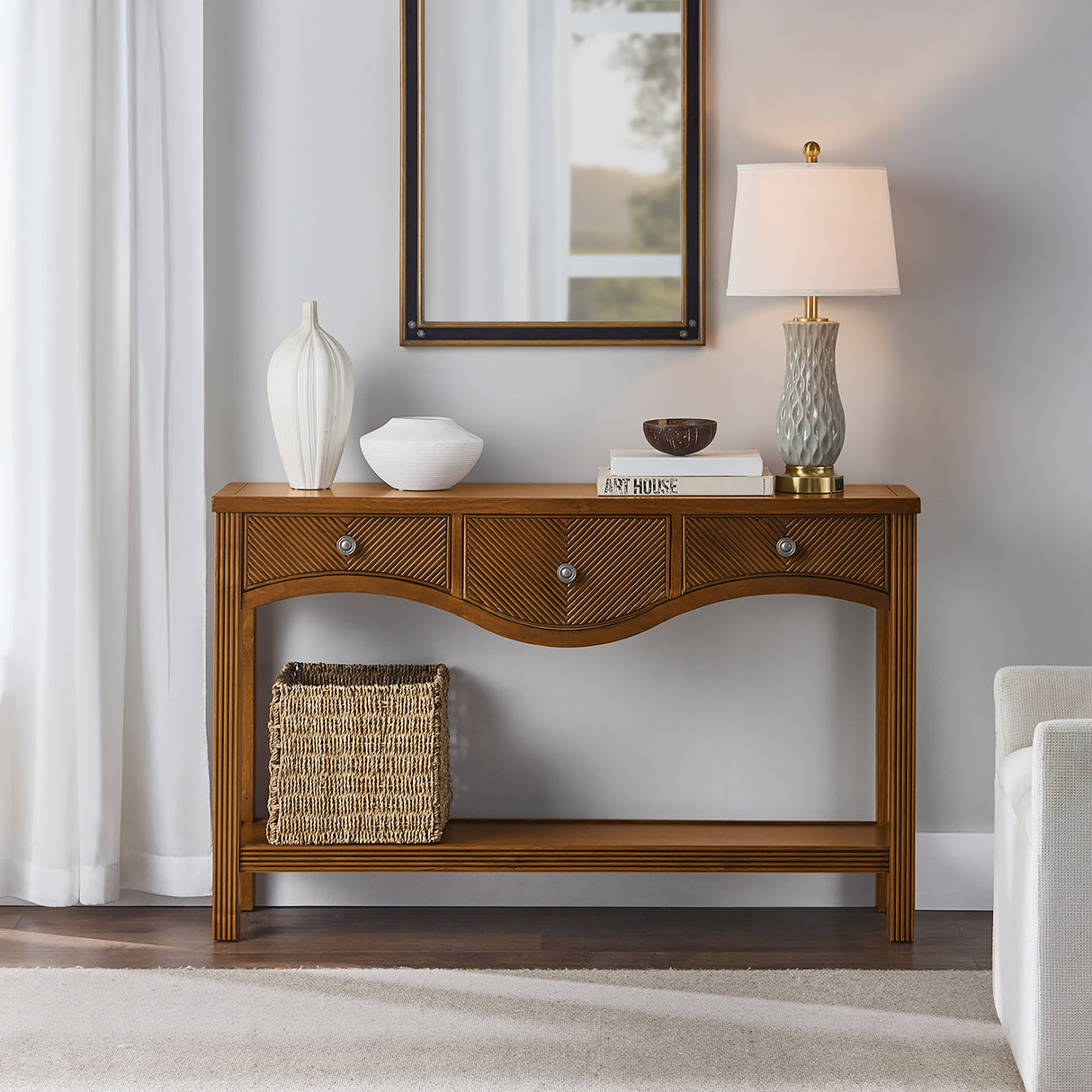 52'' Fluted Wood Console Table with 3 Drawers