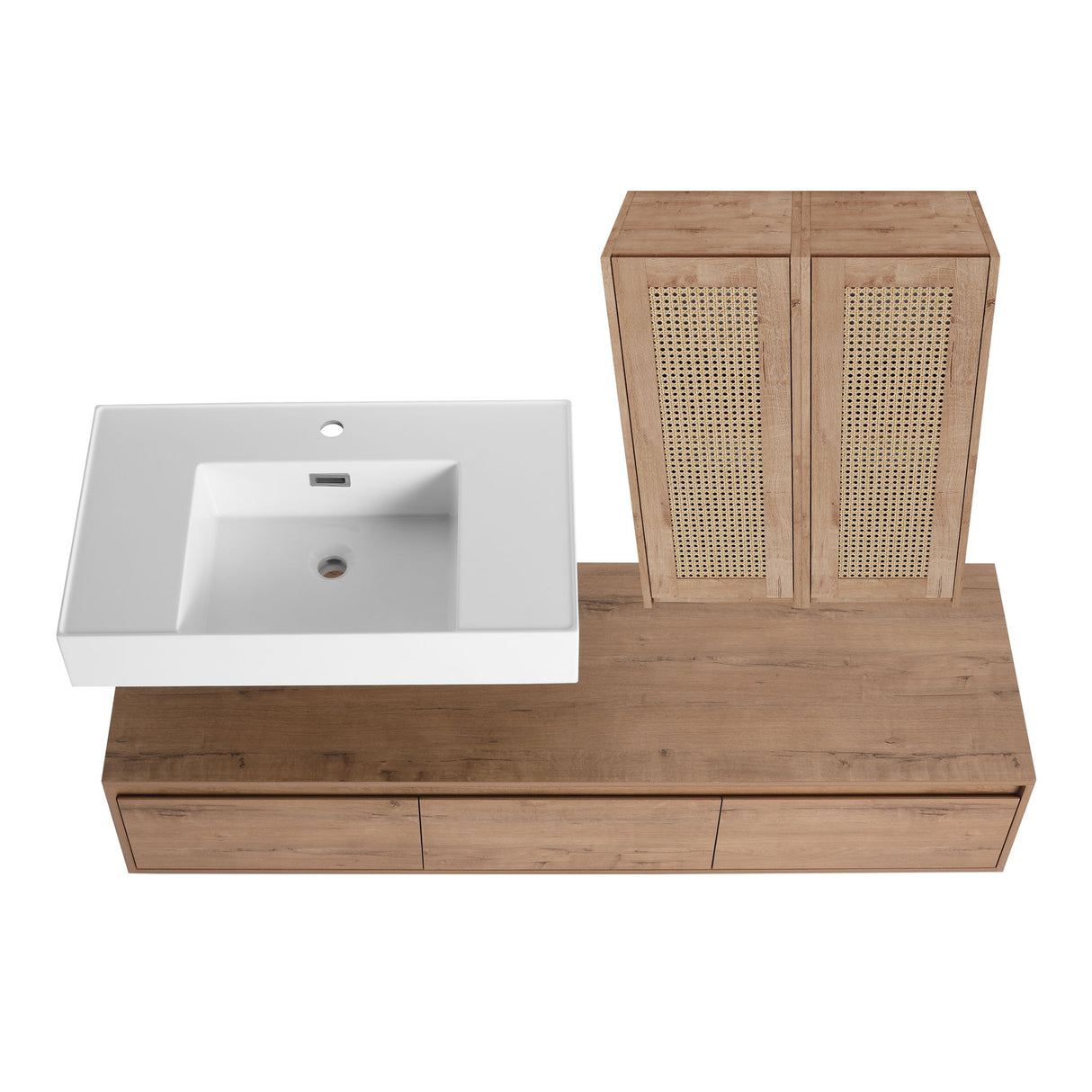 Modern Wall Mounted Bathroom Vanity With Resin Sink And 2 Side Cabinet, Imitative, Construction - Imitative Oak