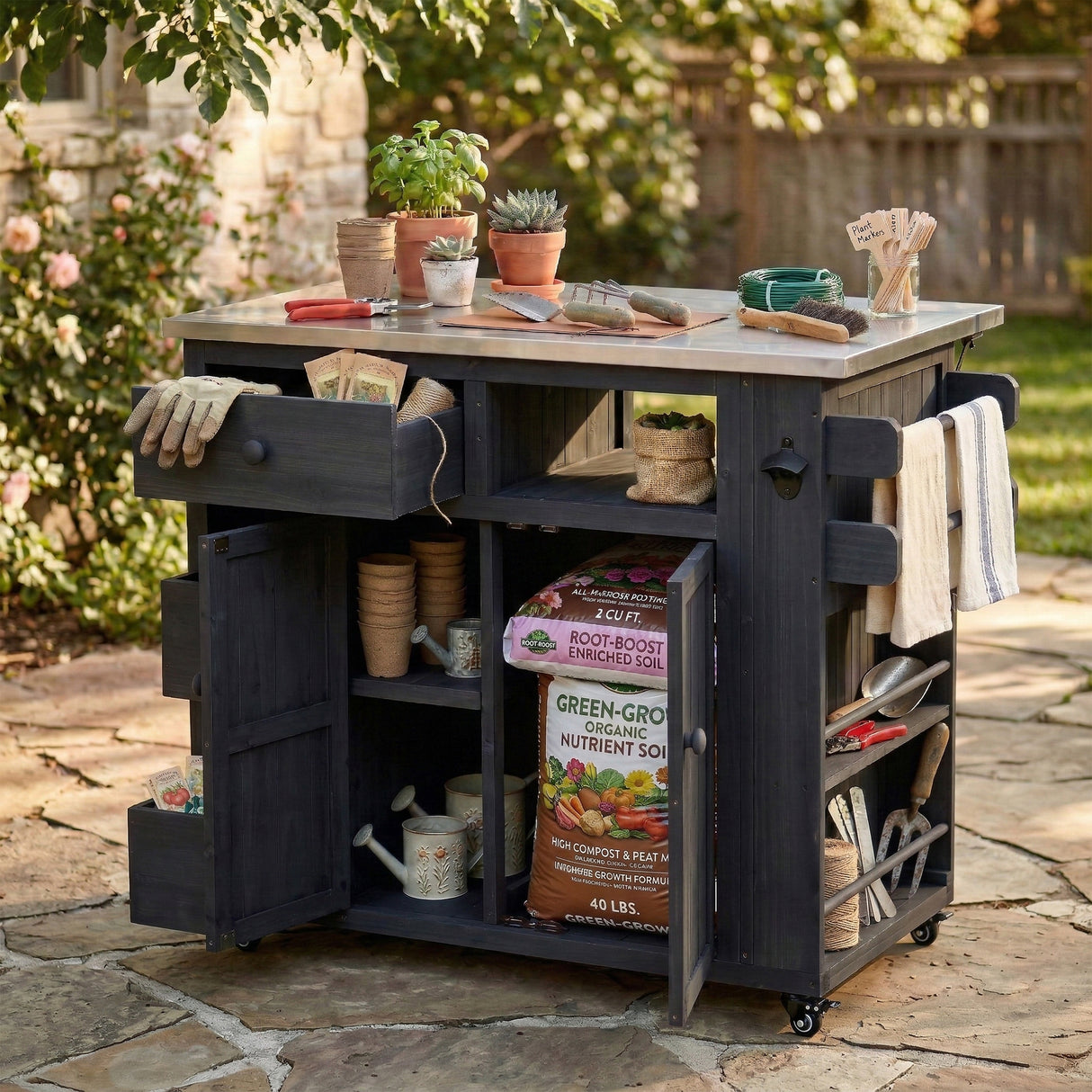 TOPMAX Outdoor Solid Wood Extendable Kitchen Island