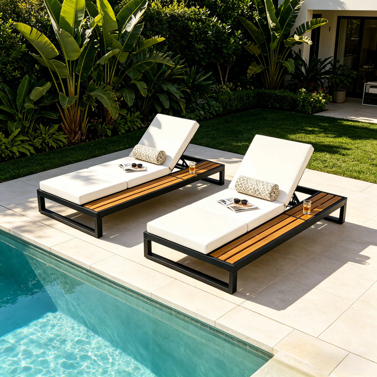 Black Iron & Teak Finish Chaise Lounge Set
