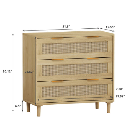 3 Drawers Rattan Storage Cabinet Set of 2 - Oak