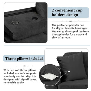 Modern Sectional Sofa With Storage Ottoman, L - Shape Couch With 2 Pillows And Cup Holders