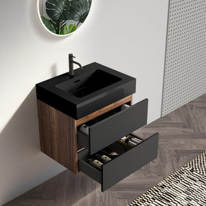 Grace 24-Inch Wall-Mounted Bathroom Vanity, Black with Walnut, Double Drawer